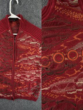 COOGI Australia Authentic Sweater Women Knit Full Zip Red Ribbed Sleeves XL
